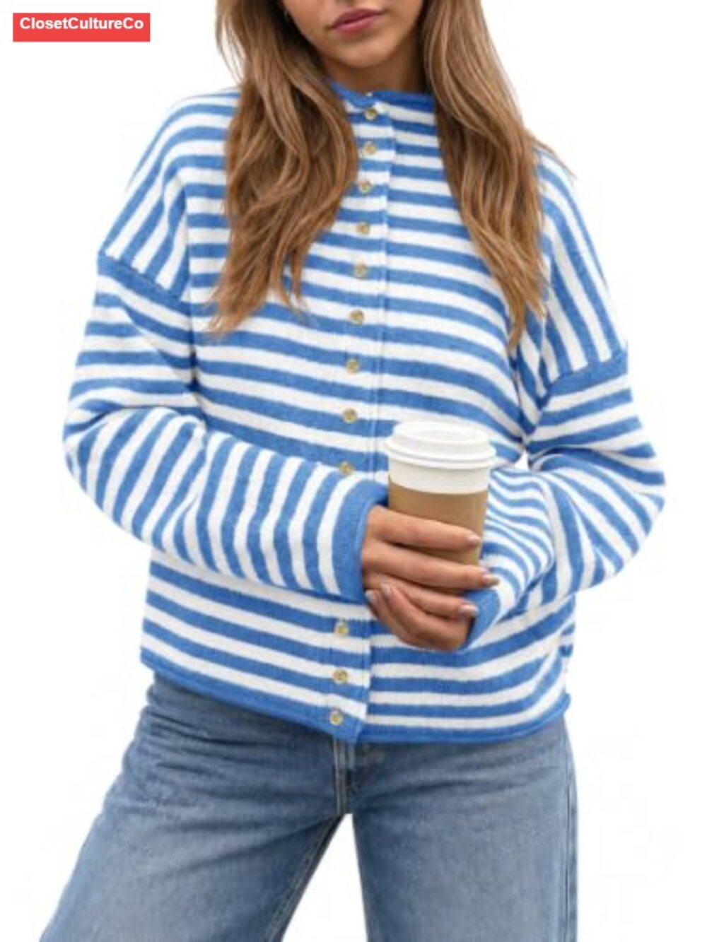 Striped Mock Neck Cardigan Button Down Long Sleeve Sweater Loose Fit Fall Winter